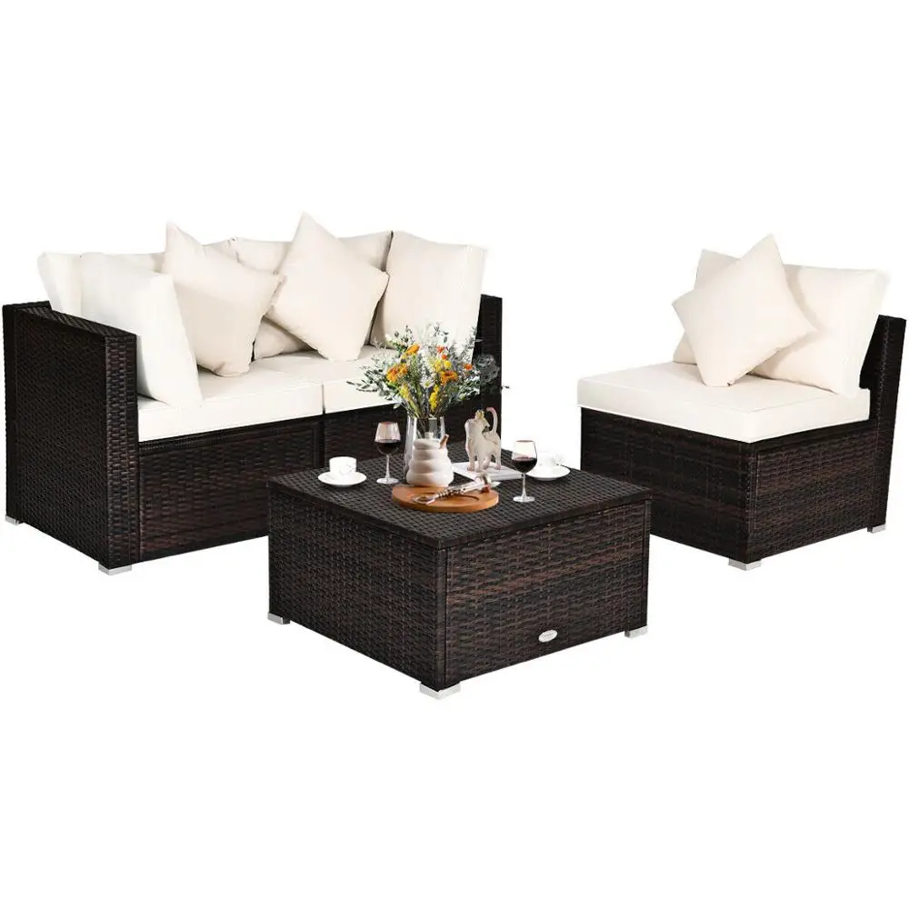 

4PCS Patio Rattan Wicker Sofa Furniture Set Cushioned Conversation Ottoman Set