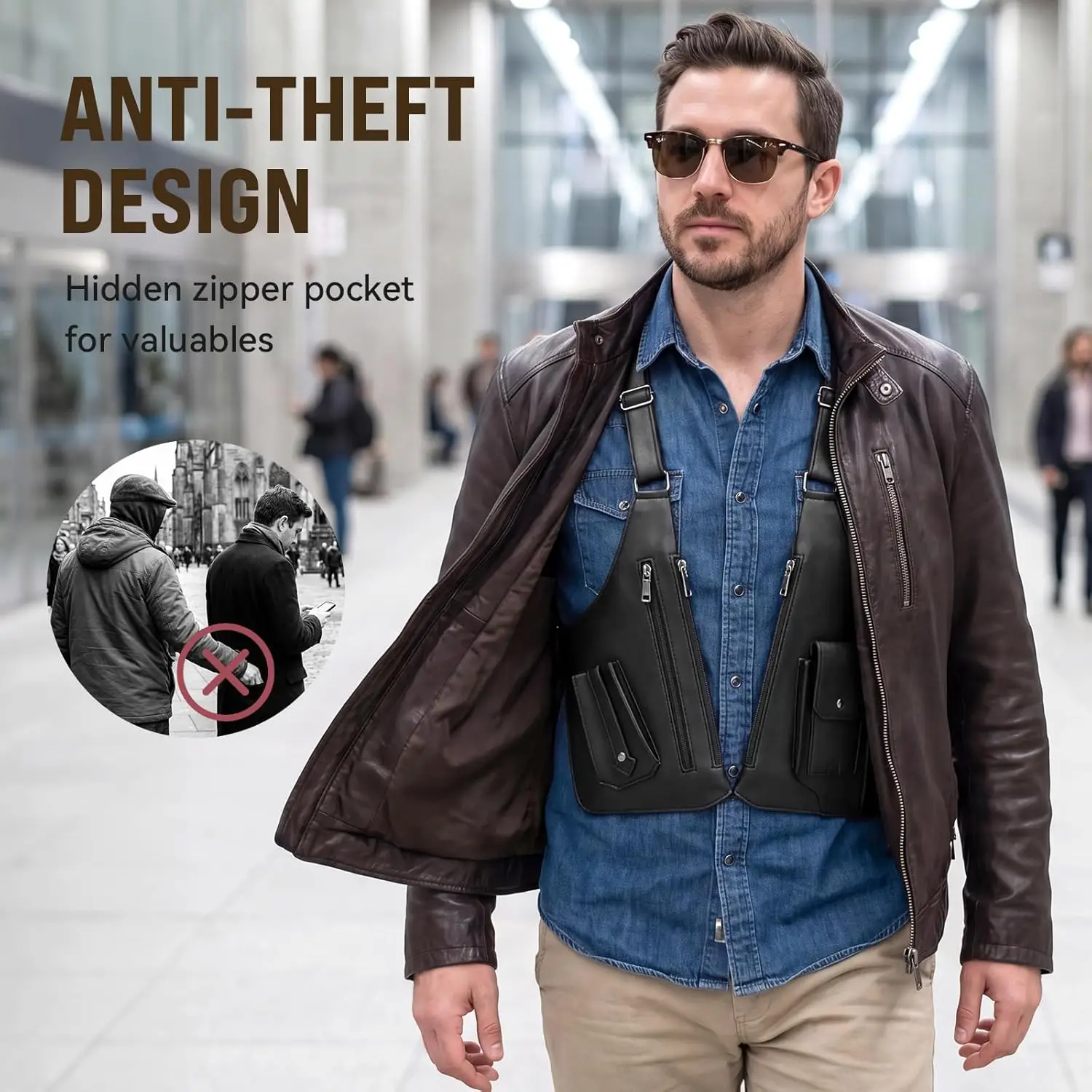 Retro Underarm Anti-Theft Bag Hidden Shoulder Holster Tactical Bag PU Waterproof Outdoor Travel Hiking Chest Bag Multi-Purpose