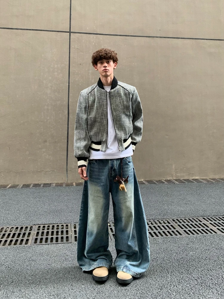 

Cleanfit American Retro Knitted ort Jaet Men's Thi Flower Small Fraance Sle Baseball Suit Vintage Boxy Coat