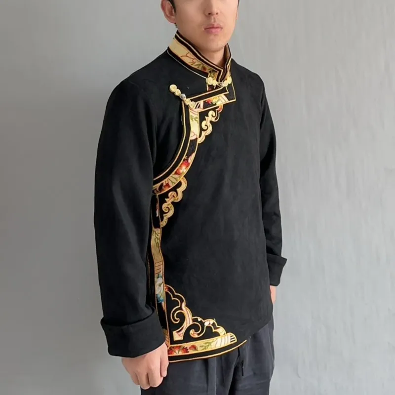 Men's Spring Embroidered Double-Layer Tibetan Clothing Long-Sleeved Shirt Ethnic Style Cardigan Outer Wear Coat Costumes