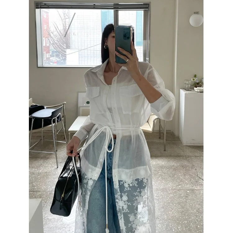 Lace Hook Embroidery Mesh Dress Women's Design Sensation Micro Translucent Long Sleeve High Waist Commute Style Spring Dress