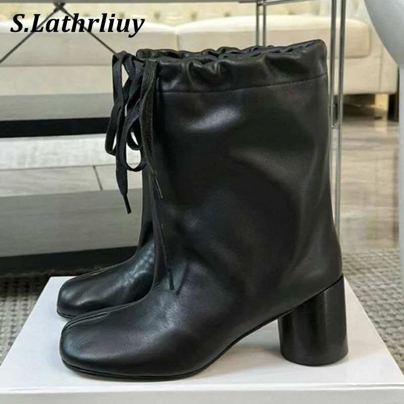 

Fashion High Heels Split Toe Boots Women's Autumn Winter Real Leather Solid Color Draw Rope Short Boots Chunky Heels Ankle Botas