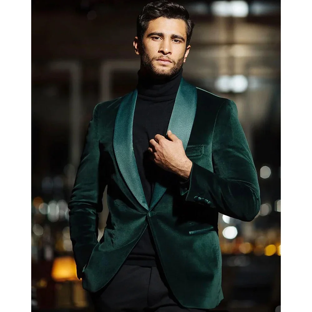 Terno clássico de veludo verde masculino, conjunto de noivo, lapela xale, blazer slim fit, festa de baile, jaqueta, calça preta, 2 peças