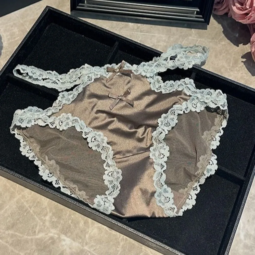 French Style Bow Lace Flower Panties Transparent Seamless Lace Mesh Briefs Patchwork Mid Waist Satin Silk Briefs Lady