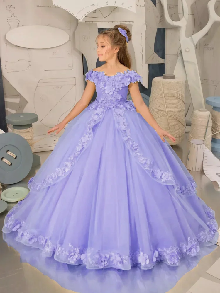 Robes à fleurs bleu ciel pour filles, pour mariage, avec des Appliques de fleurs 3D, longueur au sol, robe de princesse élégante pour fête d'anniversaire, première Communion