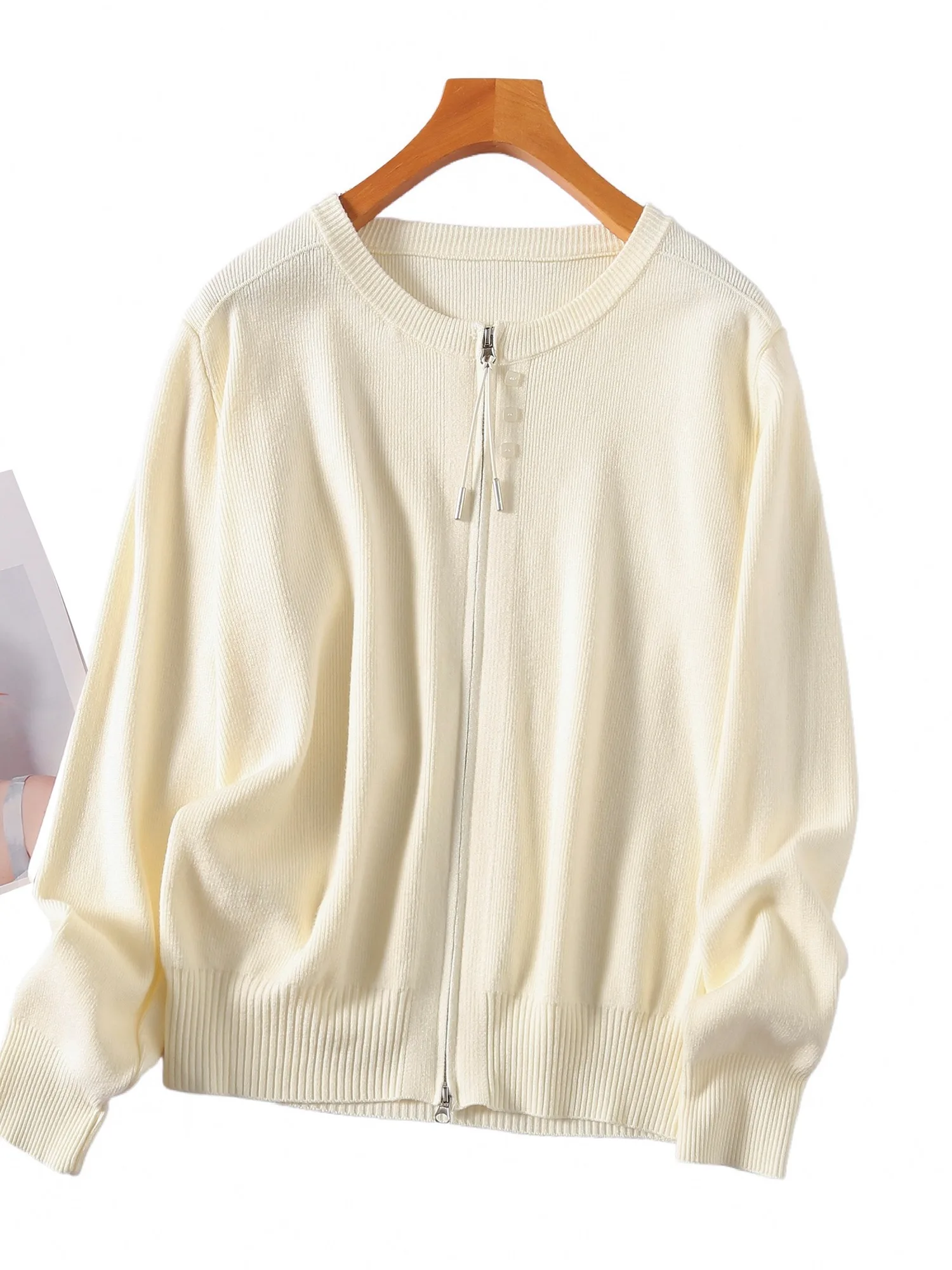 

Ele двойная молния трикотаж женский свободный осенне-зимний модный повседневный универсальный бежевый свитер пальто топ круглый Ne хлопок