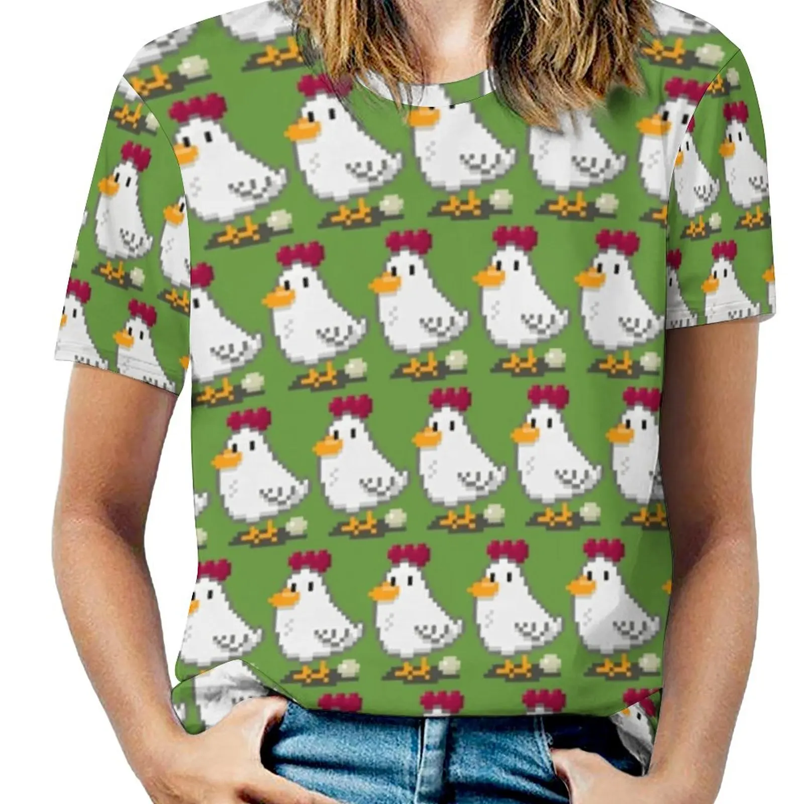 Pixel Chickens Fashion Print Women Ladies Girls T-Shirt Harajuku Round Neck Short Sleeve Tops & Tees Pixel Art Chicken Pattern