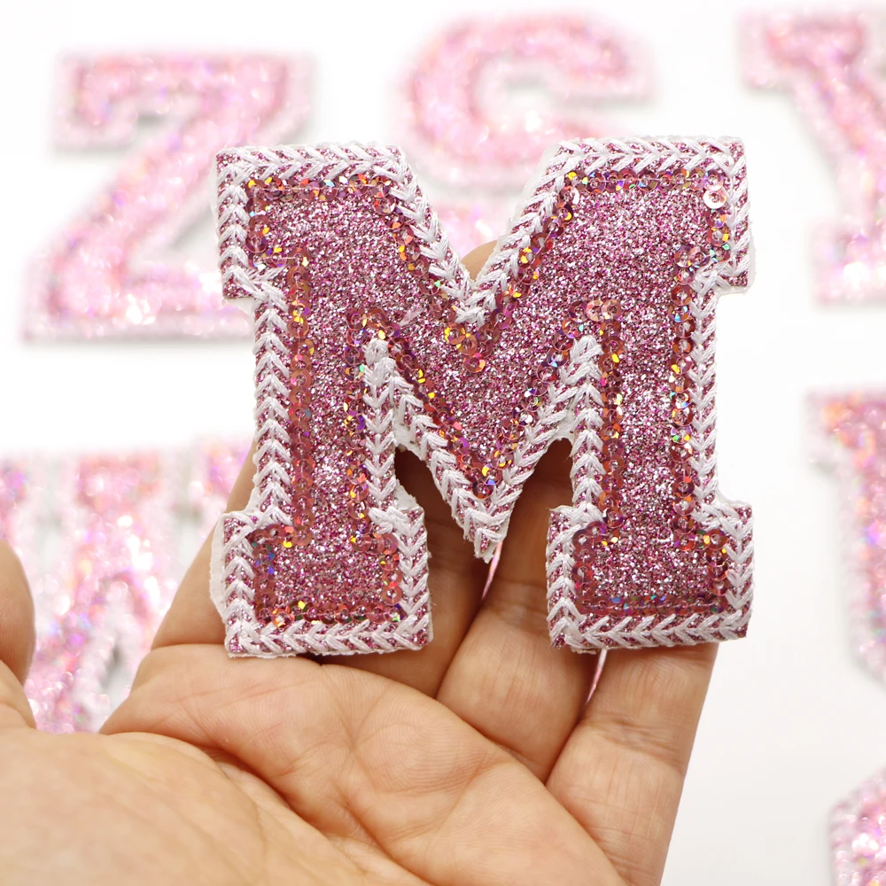 1PC New Pink Sequins Letter Patch For Clothes Iron On Patch For Clothing Logo Name Diy Embroidered Applique Decor Repair Patches