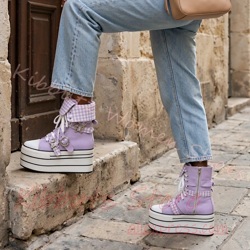 Women Canvas Platform Ankle Boots White Lace Up Star Charm Checkered Cuff High Sole Round Toe Length Zipper Back Punk Footwear