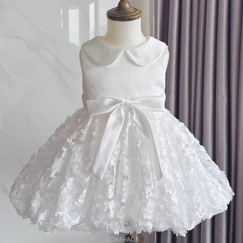 

Newborn BabyvBirthday Dress White Sleeveless Princess Gown Lace Collar Party Outfit Toddler Formal Occasion Celebration Outfit