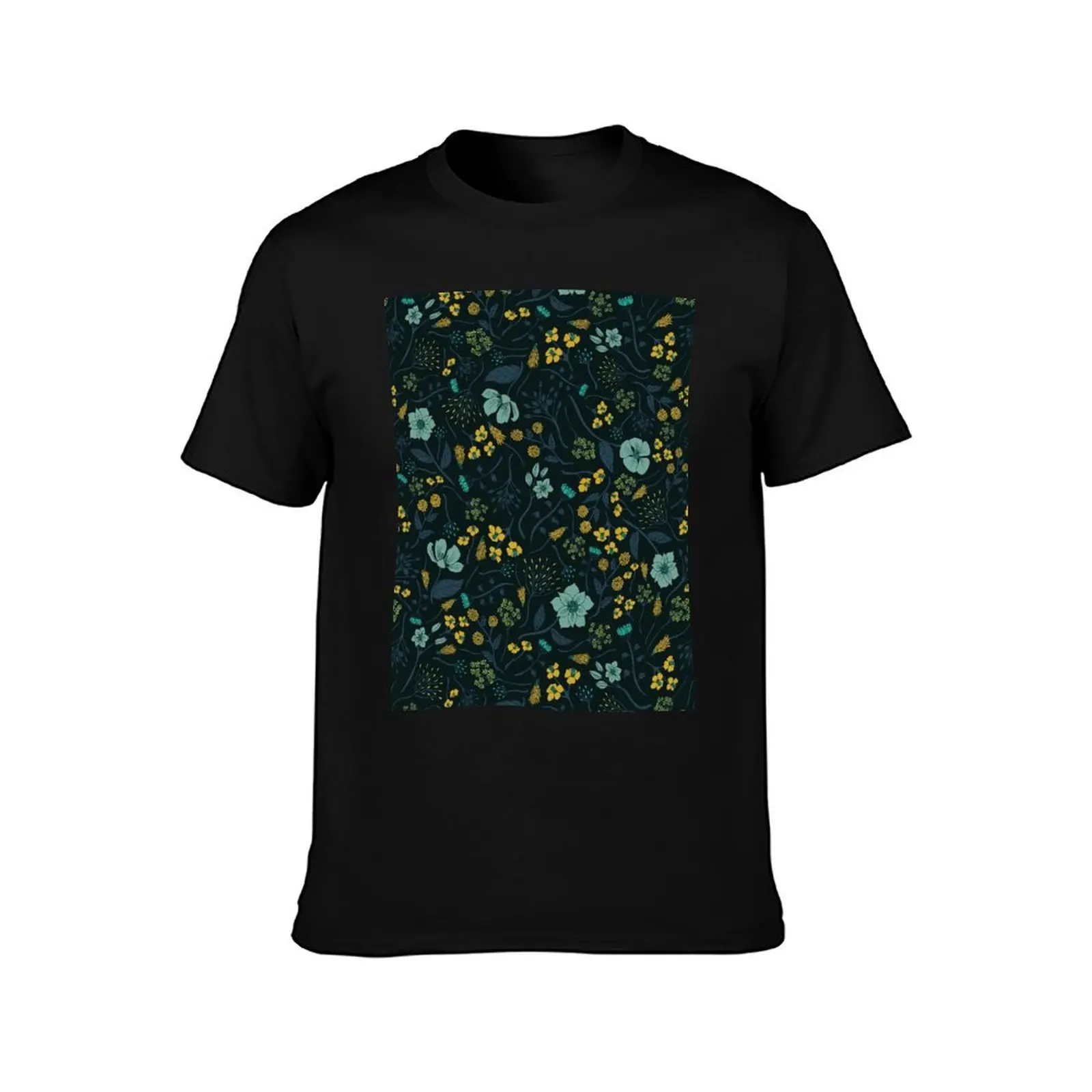 Turquoise, Yellow, Green & Dark Blue Floral Pattern T-Shirt Holiday Simple Tee Shirt T-Shirt