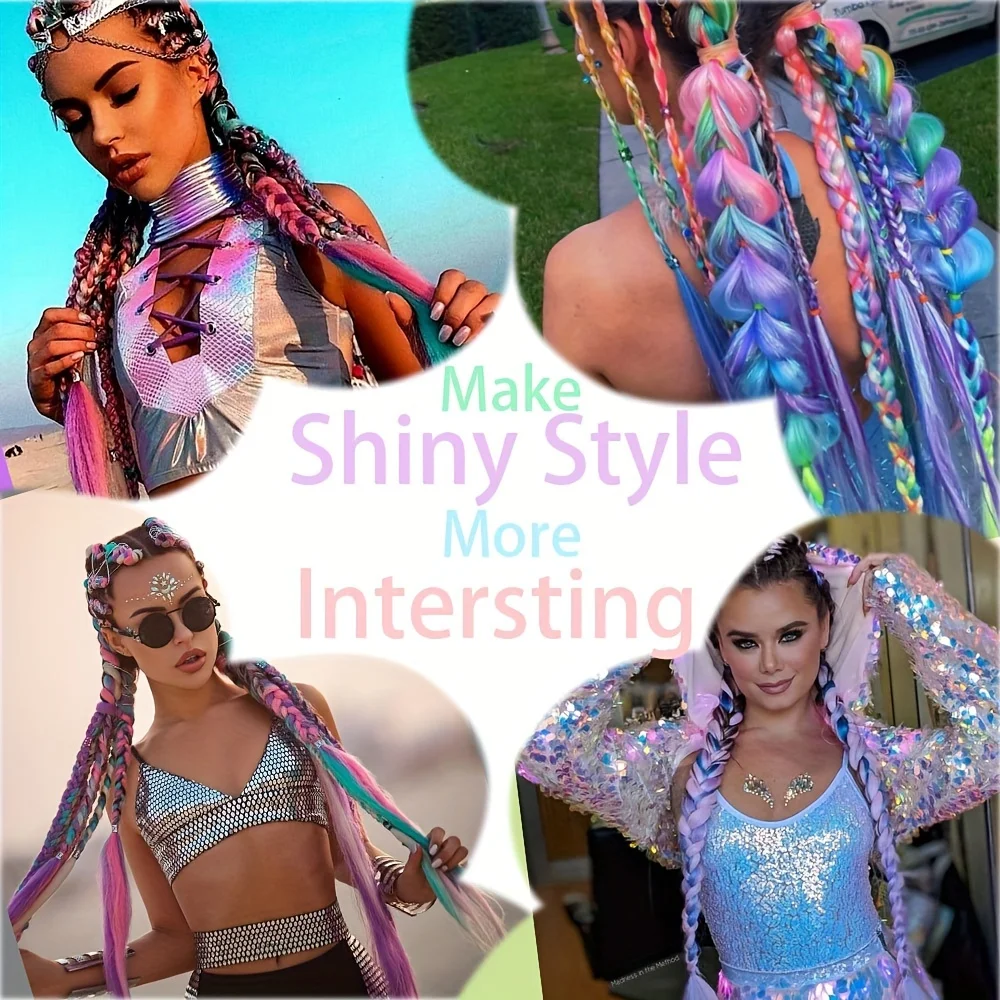 24Inch Yaki Rechte Y 2K Regenboog Haarverlenging Gevlochten Synthetische Pruiken Gemengd Klatergoud Bling Bling Haarstuk Cosplay Haar Accessoire