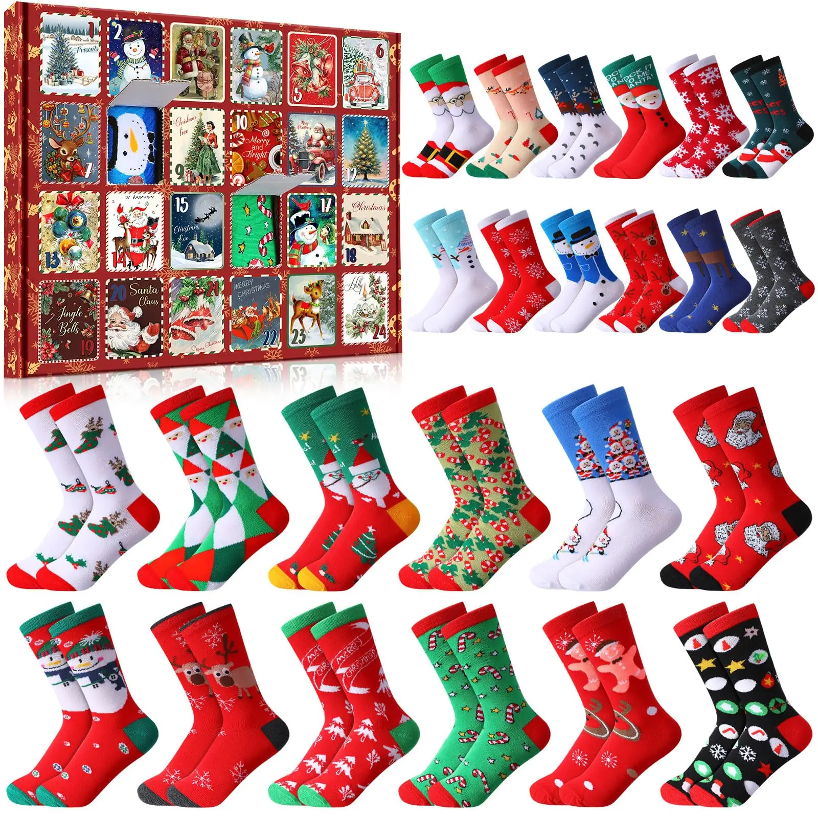 

24 Pairs Christmas Sock Advent Calendar 2025 Unisex Socks 24 Days Countdown Gift for Adults Xmas Party Favor New Year Gift