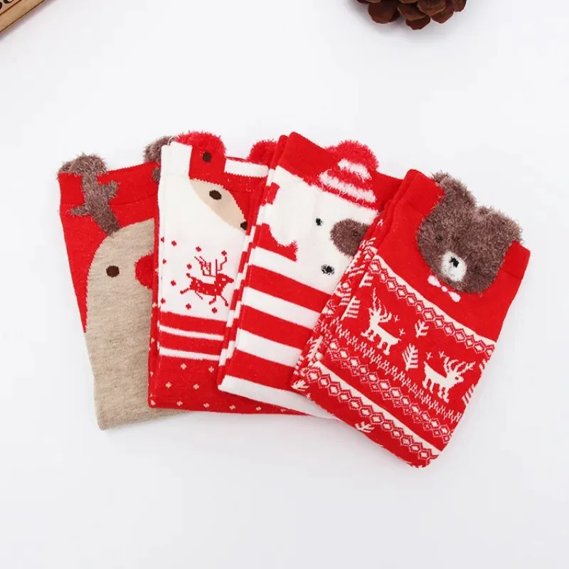 4 Pairs New Winter Cute Christmas Socks Three-dimensional Cartoon Decorative Cotton Middle Tube Socks Christmas Gift Socks Woman