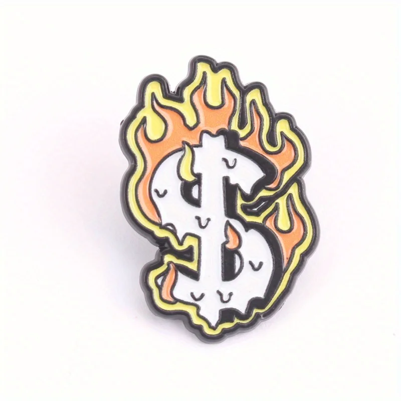 Inferno Fortune Emaille-Anstecknadel – flammendes Dollarzeichen mit Gelb/Orange-Feuerburst auf Stark White Base, kontrastreicher Reichtumsschmuck – Detail 5