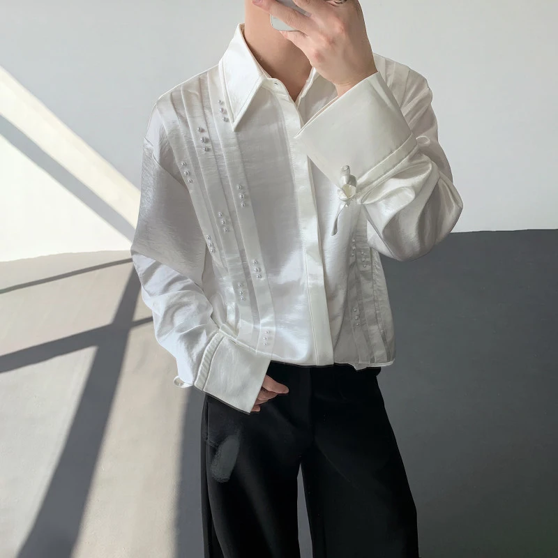 WTHT Fashion Men's Heavy Industy Solid Color Spliced Pearl Shirts Trendy Lapel Single Breasted Loose Top Male 2026 Spring 2A2626