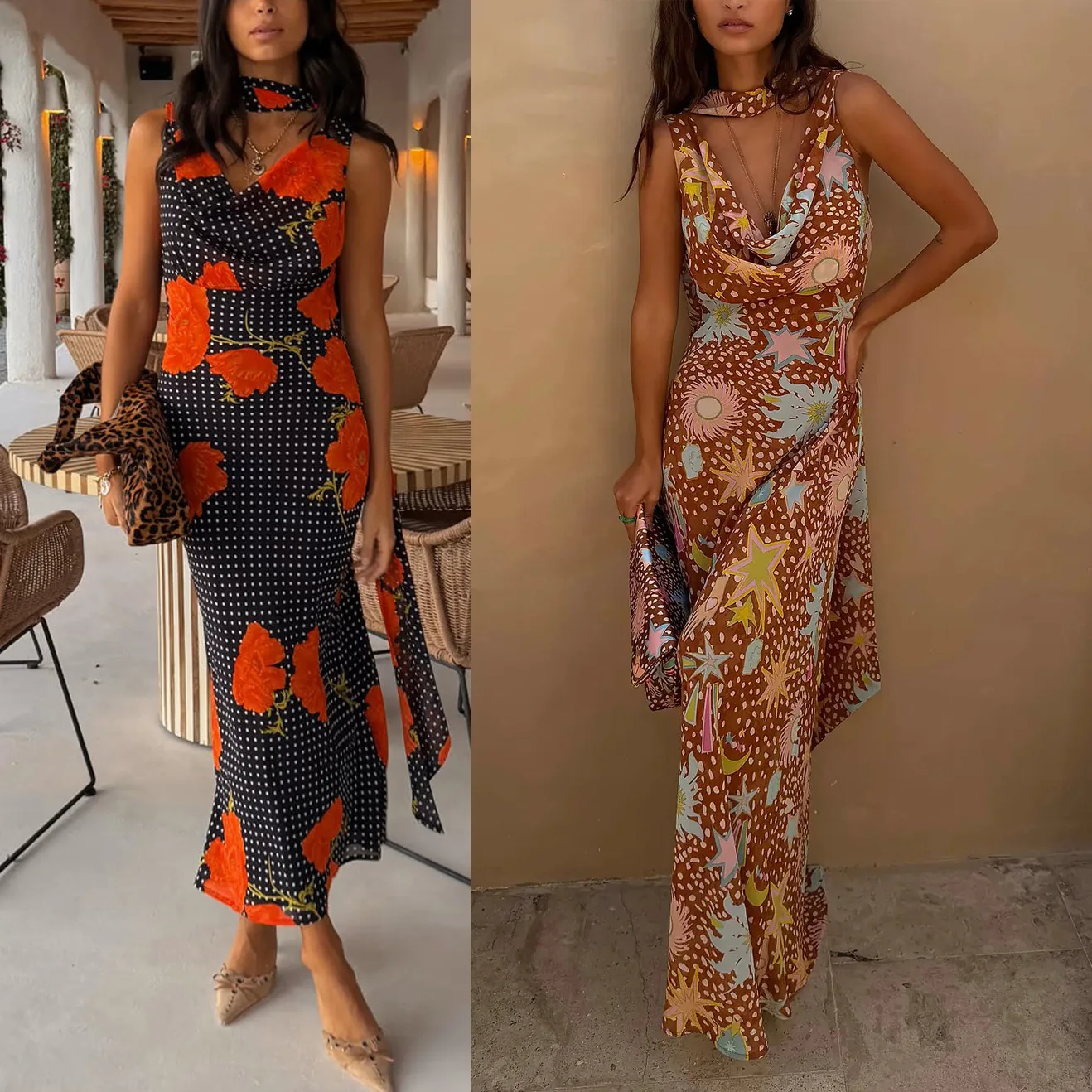 

Spring Summer New Fashion Printed Ribbon Women Long Dress Elegant Slim Fit Female Vacation Party Dresses