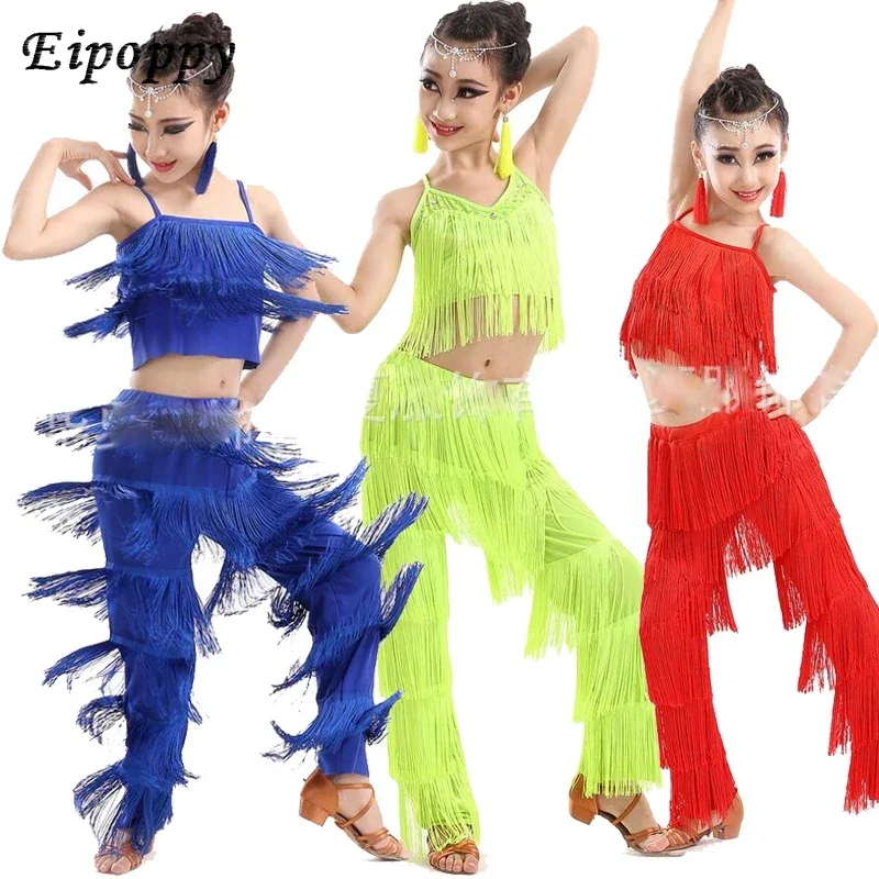 ชุดเต้นรำละตินสำหรับเด็กผู้หญิงชุดเดรสเต้นรำเสื้อกางเกง