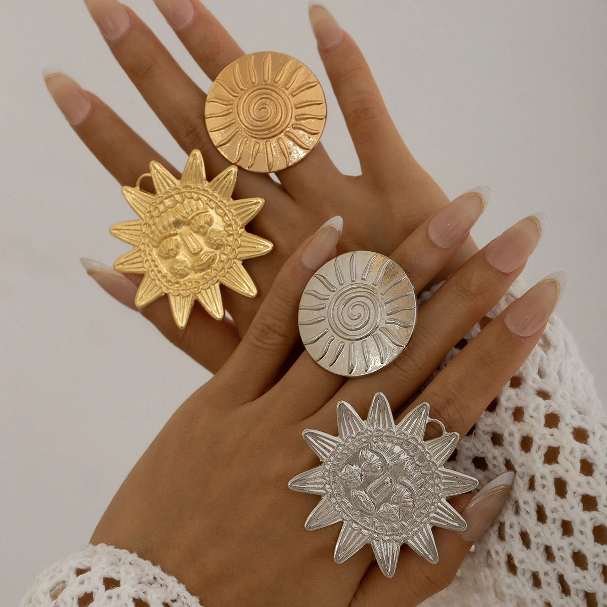 Ingemark Exaggerated Large Sunflower Round Metal Stud Earring Women 2025 Trend Punk Open Adjustable Finger Ring Jewelry Anillos