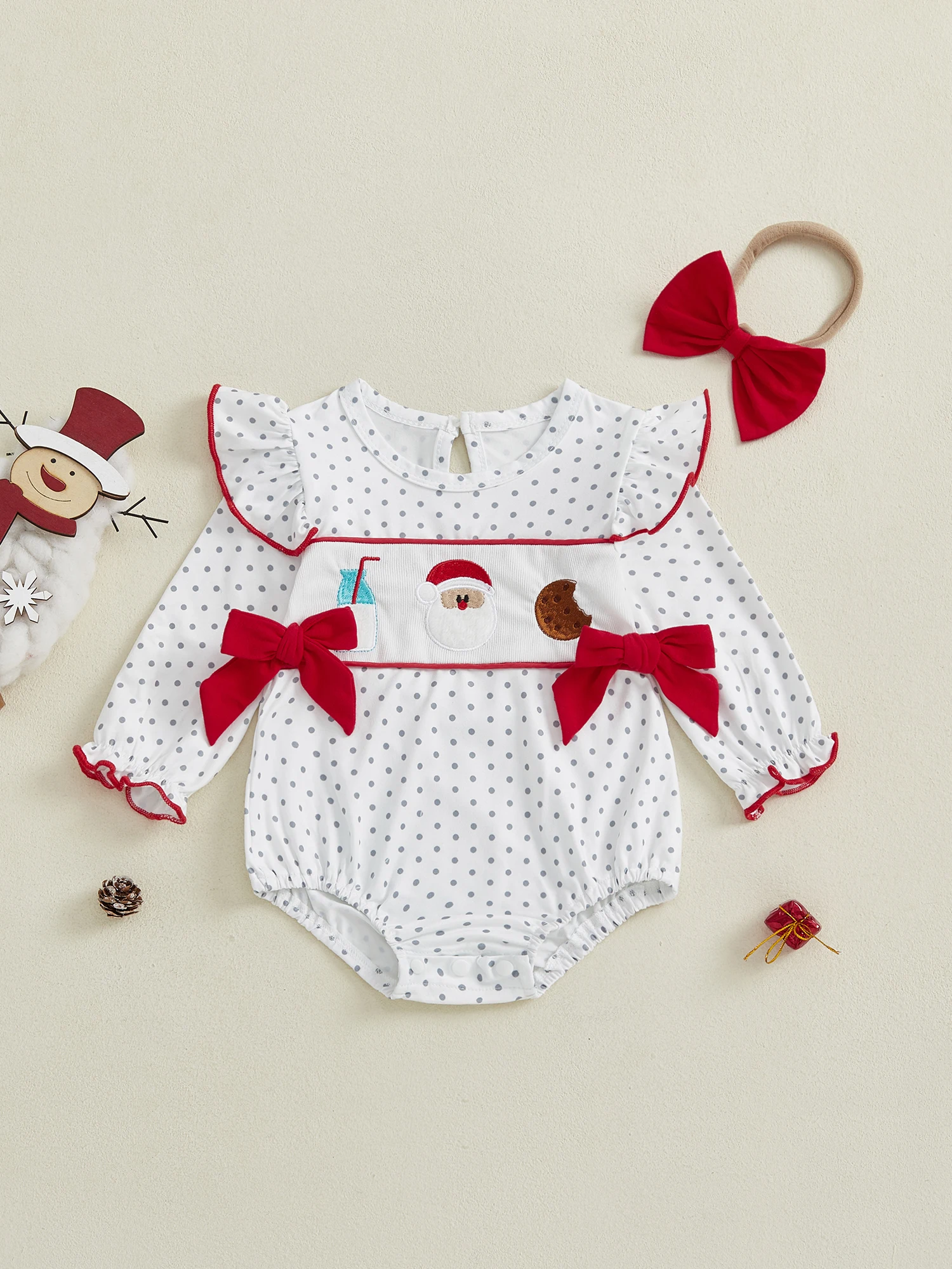 

Очаровательный зимний комбинезон для маленьких девочек с праздничной вышивкой и бантом в горошек и подходящей повязкой на голову — идеально подходит для