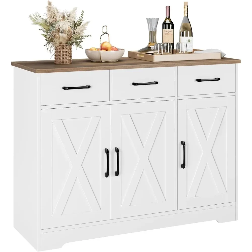 

Barn Doors Buffet Storage Cabinet with Drawers and Shelves, Wood Coffee Bar Cabinet with Storage for Kitchen