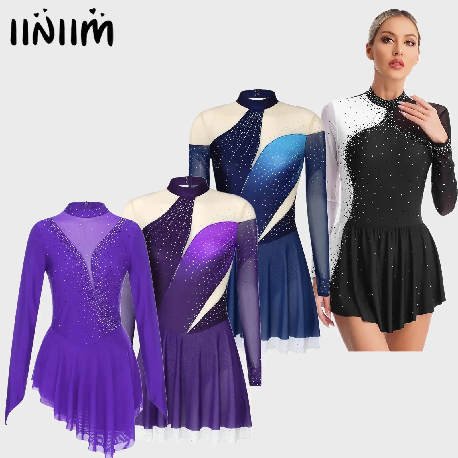 

Adults Womens Gymnastics Artistic Figure Skating Ballet Lyrical Dance Costumes Shiny Rhinestones Long Sleeve Ruffled Dance Dress