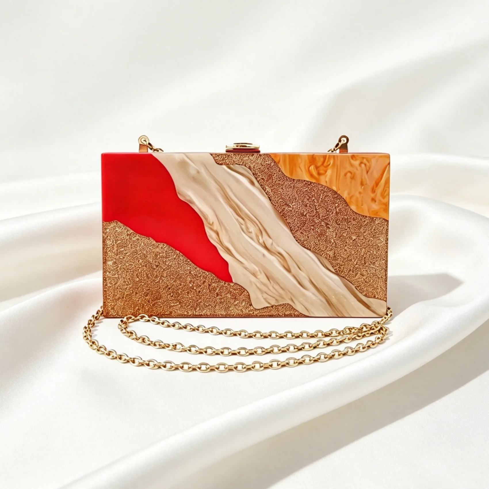Contrasting color splicing acrylic dinner bag women's chain fashion one shoulder oblique span wedding party banquet clutch bag