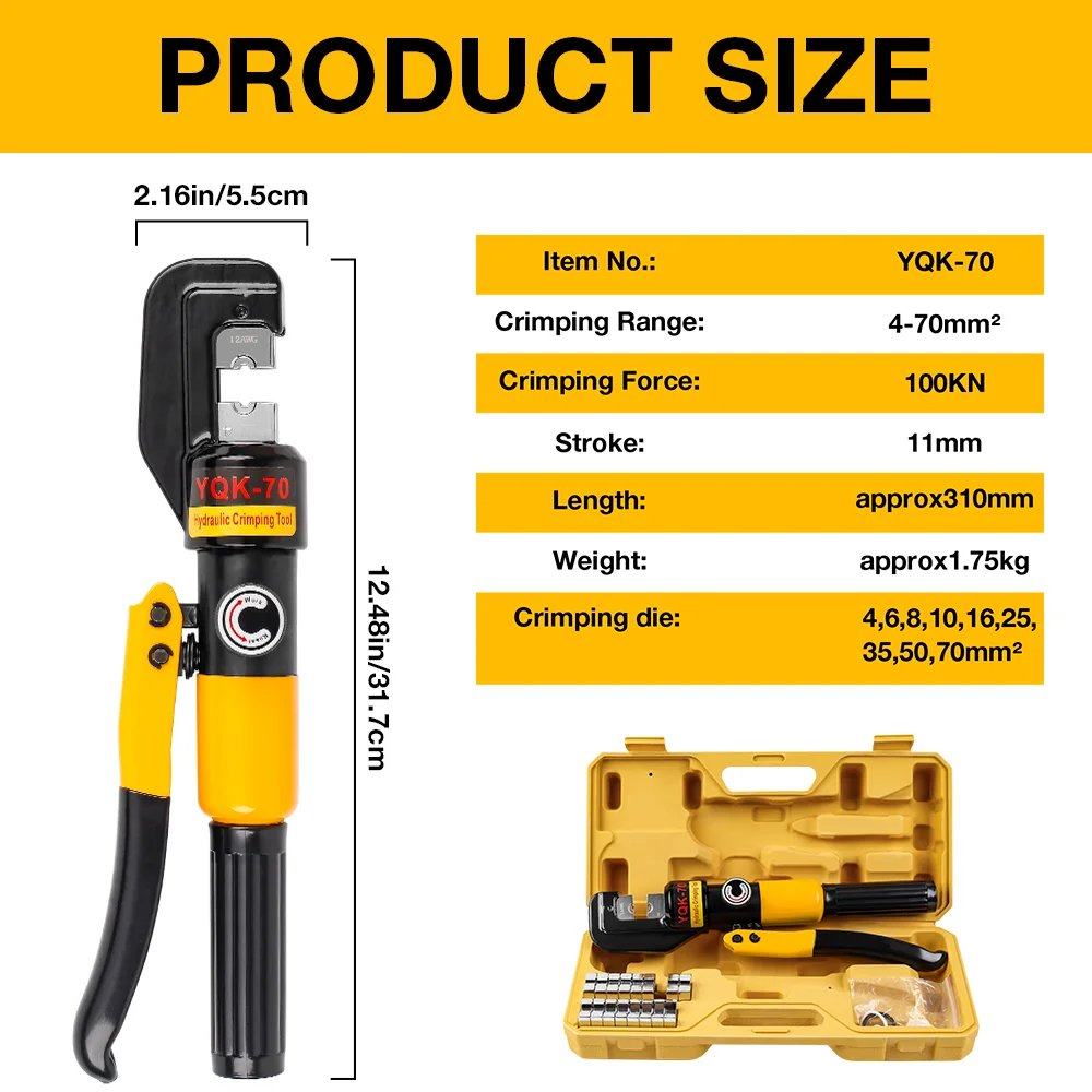 10 T Electrical Terminal Cable Wire Tool Kit with 4/6/8/10/16/25/35/50/70mm² Die & Scissor Hydraulic Cable Lug Crimper Pressure