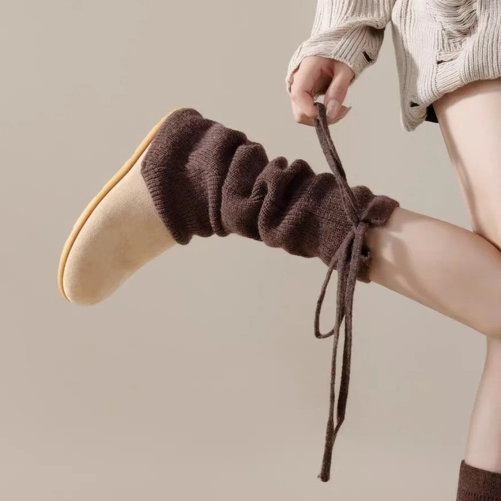 1Pair Fashion Solid Color Knitted Leg Warmers Y2K Thermal Slouch Leg Socks Stretchy Material Drawstring Leg Warmers Women