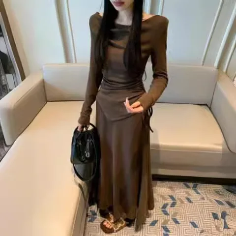 المرأة S الخريف الشتاء غير النظامية Cinching سوينغ طوق كم طويل مع تنورة عالية الخصر قطعتين مجموعة
