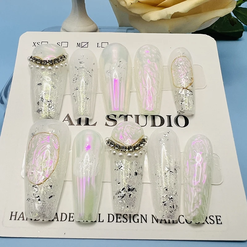 

Pure handmade pearl luster gradient long wearing nail full coverage removable waterproof nail art piece high-end hand-paintedDIY