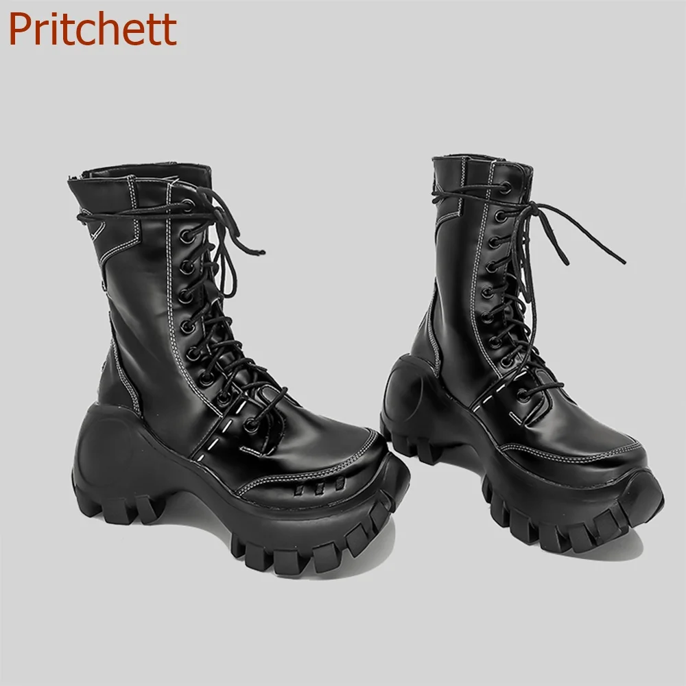 

Round Toe Cross Tied Women Boots Solid Thick Sole Lace Up Height Increasing Mid Calf Fashion Casual Comfortable Sexy Women Shoes