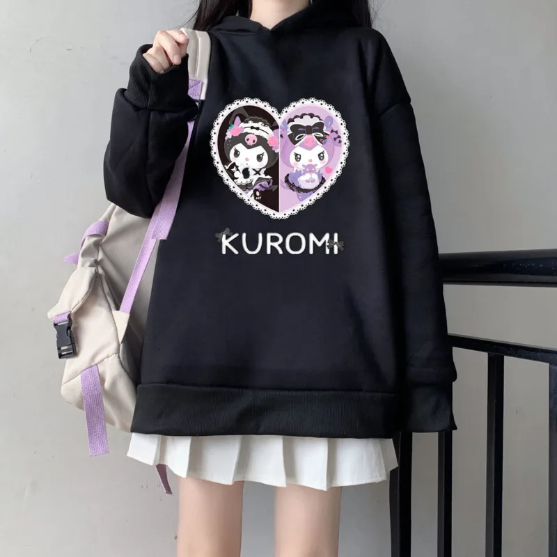 Sanrio Kuromi Loveheart Cartoon Print Hoodie Autumn Winter New Loose Versatile Student Sweater Y2k Girl Lolita Jk Top For Women