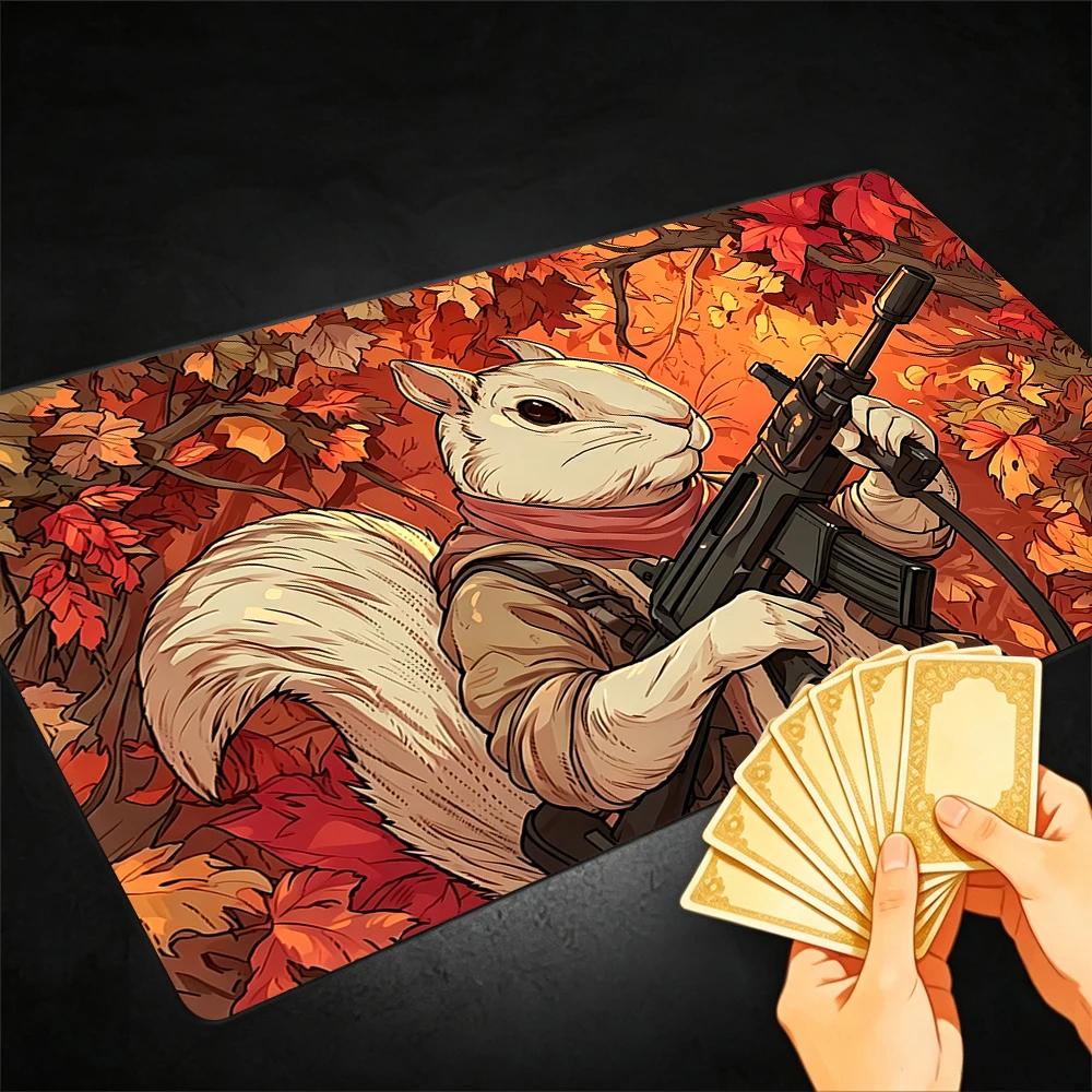Squirrel Tactical Soldier TCG Playmat Magic Playmat with Stitched Edge Anti-slip base Gathering Gaming Mat Trading Card Game