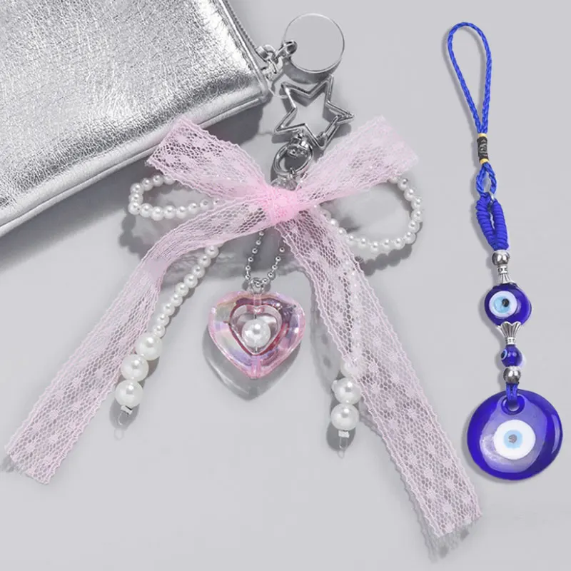 1Pc Harajuku Bow Turkish Evil Eye Pendant Keychain Korean Styles Sweet Heart Love DIY Bag Hanging Y2K Girl Key Holder Jewelry