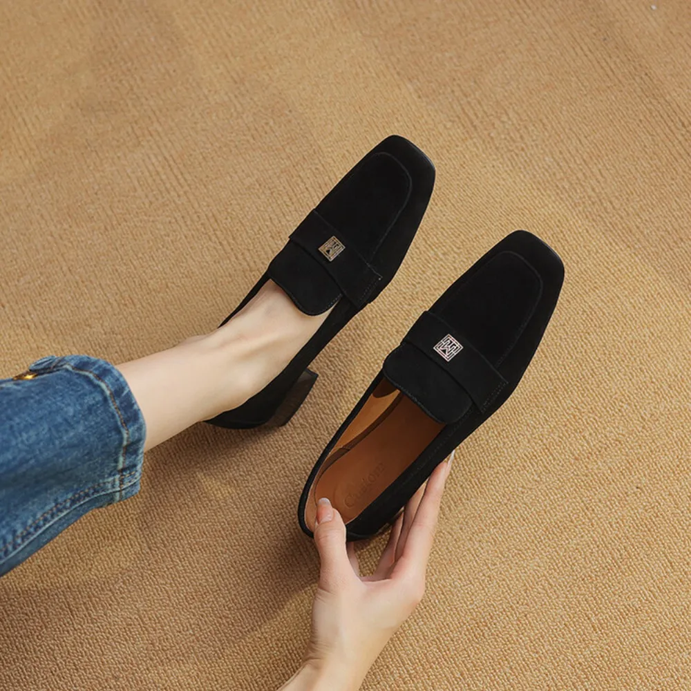 2024 New Women\'s Suede Loafers Brown Square Toe Flat Shoes For Women Genuine Leather Shallow Mouth Commuter Daily Casual Shoes