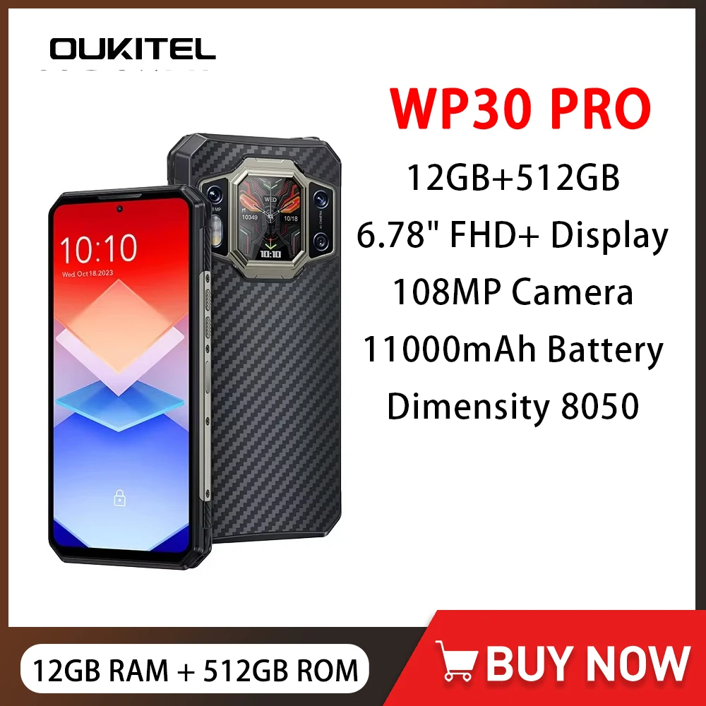 Oukitel WP30 Pro 5G Rugged Phone 6.78" 12GB+512GB Mobile Phone 11000mAh 108MP Camera Android 13 120W Fast Charge Cellphone NFC