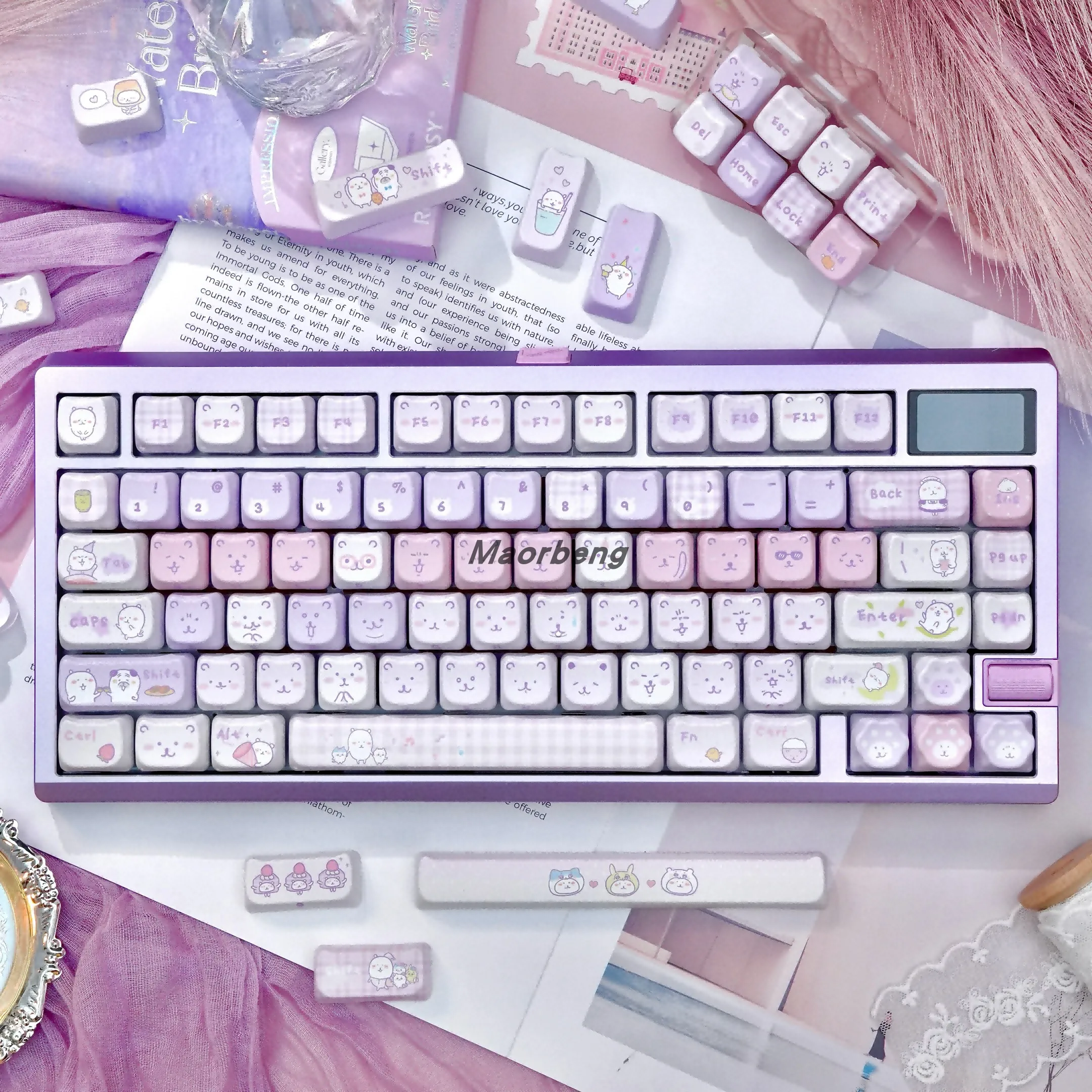 166-Key Cartoon Hi-Pee PC Transparent Bear Keycaps Set Adorable Cat-Shaped MAO Profile PBT Keycaps for MX Switches Alice Keycaps
