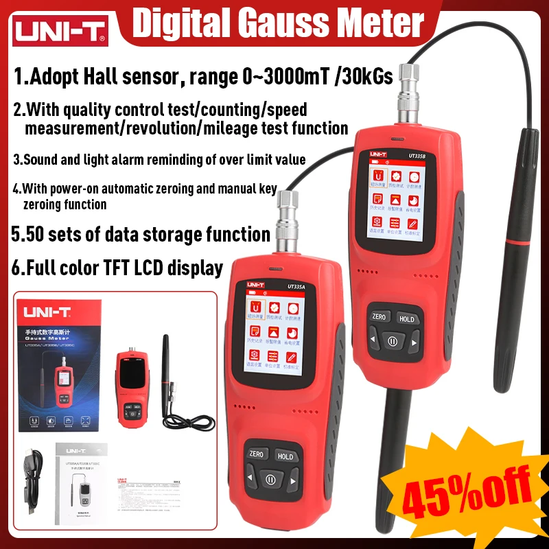 

UNI-T Handheld Digital Gauss Meter Detection 0~3000mT/kGs Surface Magnetic Strength Gaussian For Magnetic Field Detection UT335A