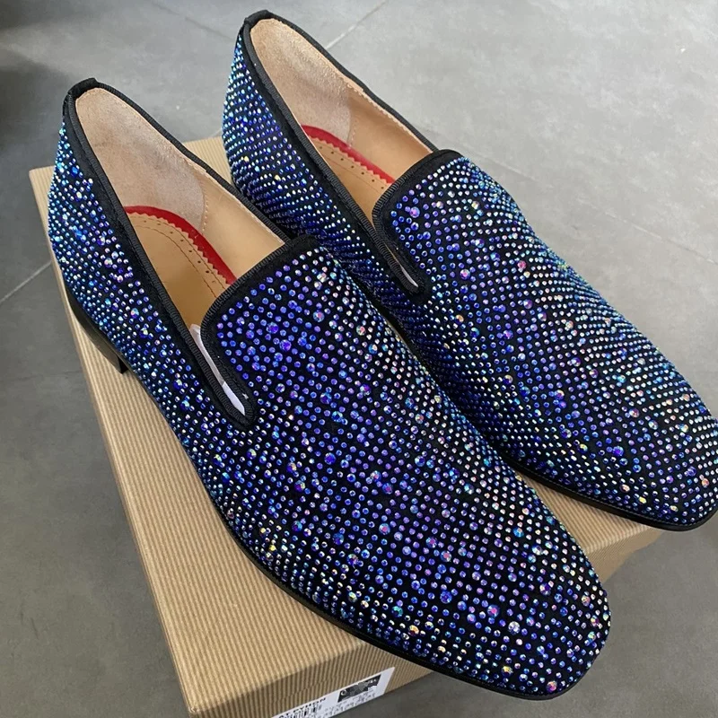 

Royal Blue Rhinestone Loafers Luxury Evening Formal Men Dress Shoes Slip On Leather Flats Party Wedding Shoes
