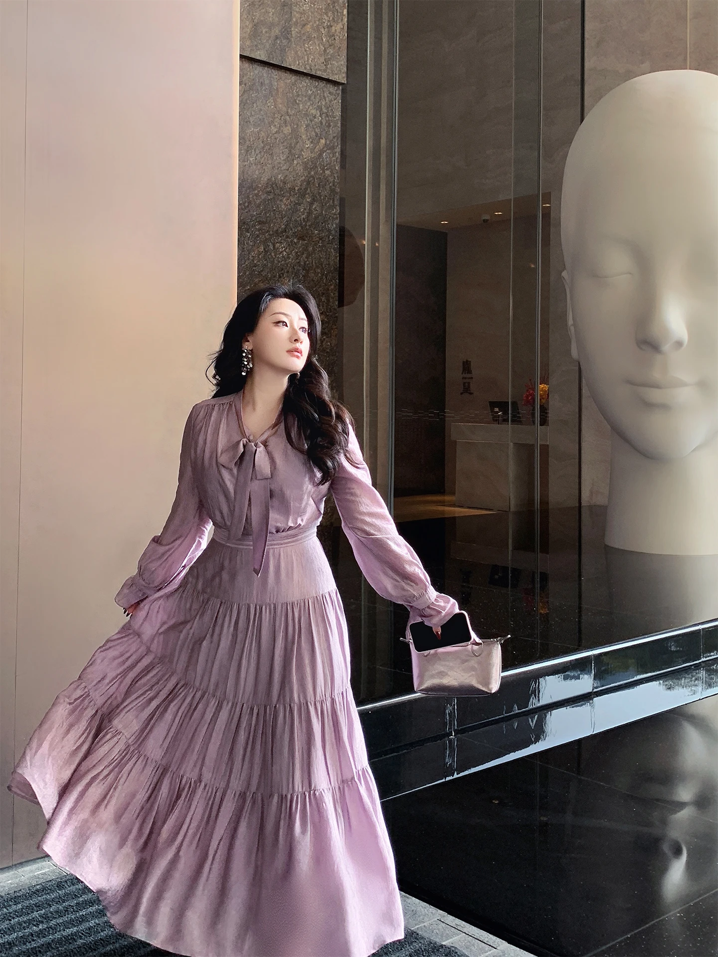 

Elegant Spring Acetate Dress for plus Size Women French Style Long Sleeve Full Body Fit Gown Suitable for Daily Wear