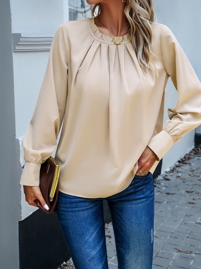 

Women's Blouse Tops Elegant Casual Fashion Commuting Solid Ruffles Trim Ruched Round Neck Lantern Long Sleeve Loose Fitting Top