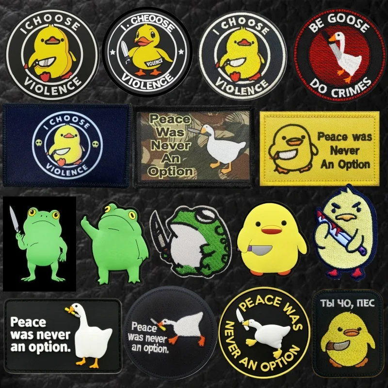 

I Choose Violence Angry Little Yellow Duck Embroidered Hook and Loop Cloth Patches Tactical Frog with Knife and Goose Stickers