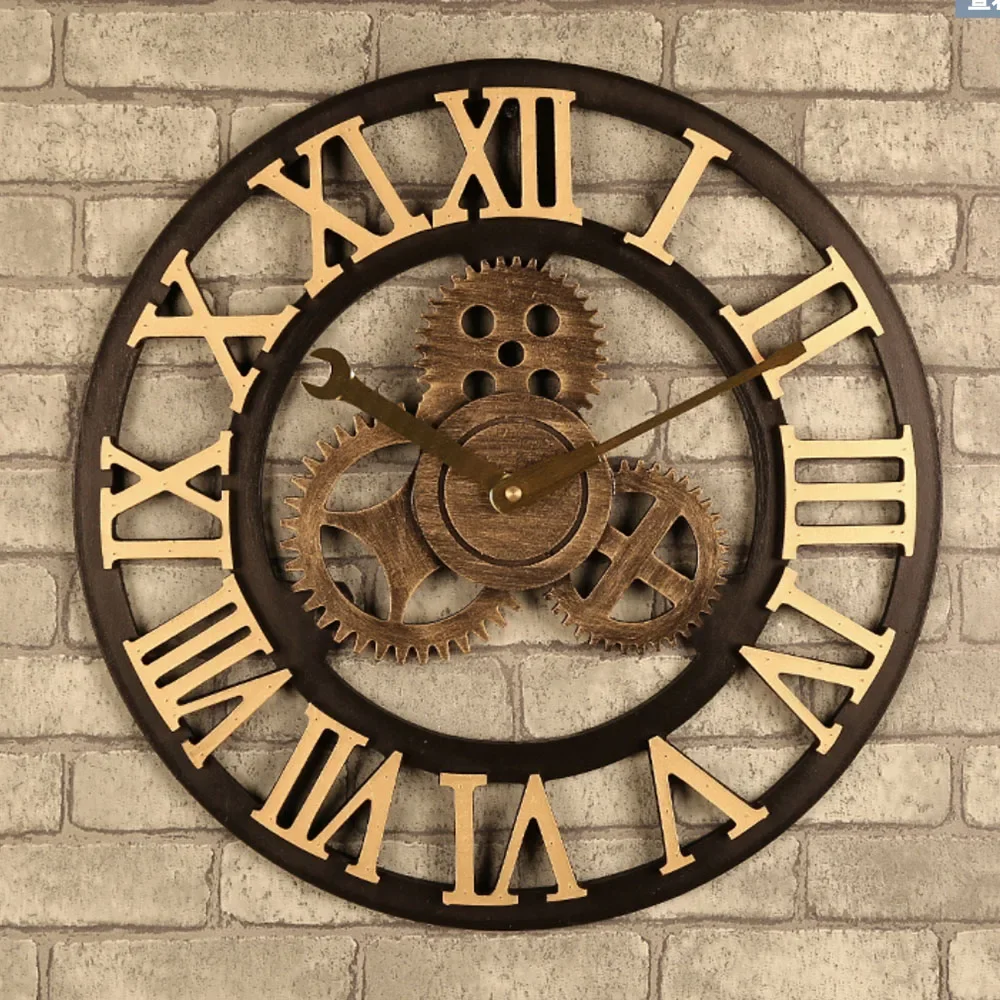 Gear Large Wall Clock Modern Design Clocks Quartz Time Mute Watch Wooden Decor 3D Vintage Horloge