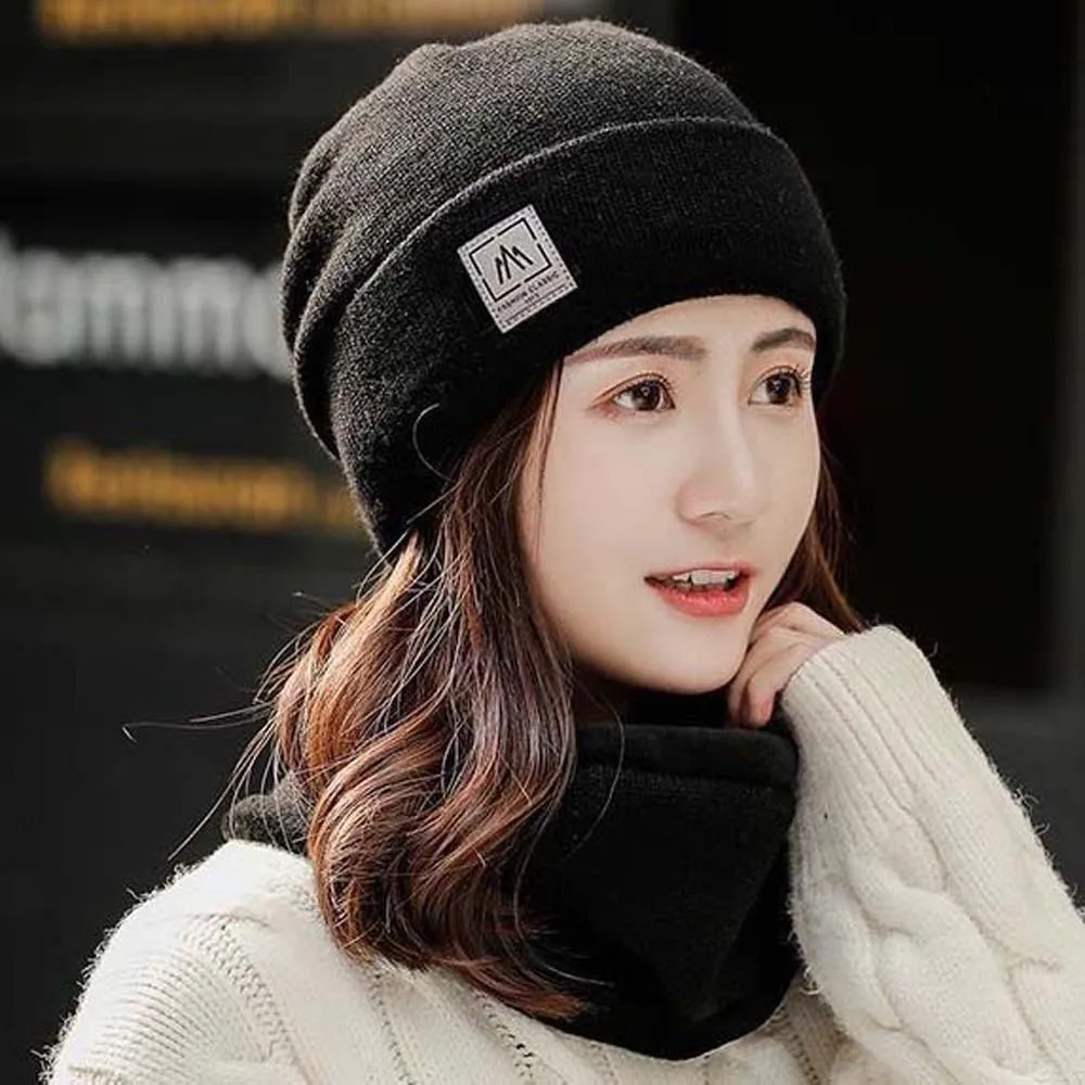 Personalidade elástica boné e cachecol terno cor sólida na moda cachecol compacto cúpula all-match gorro outono