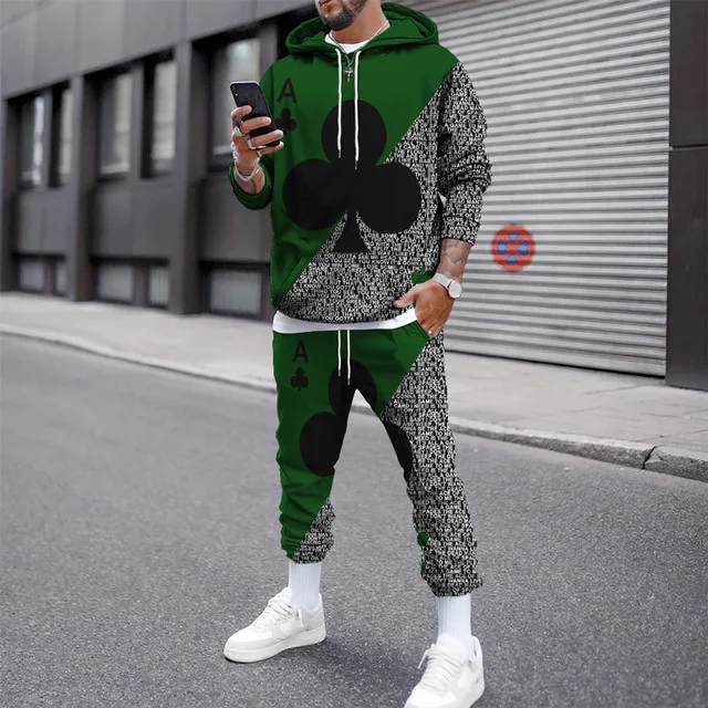 Funny Poker Pattern Men\'s 2-piece Outfits 3D Print Men Women Hooded Sweatshirt Set Street Plus Size Fashion Tracksuit Pants Sets