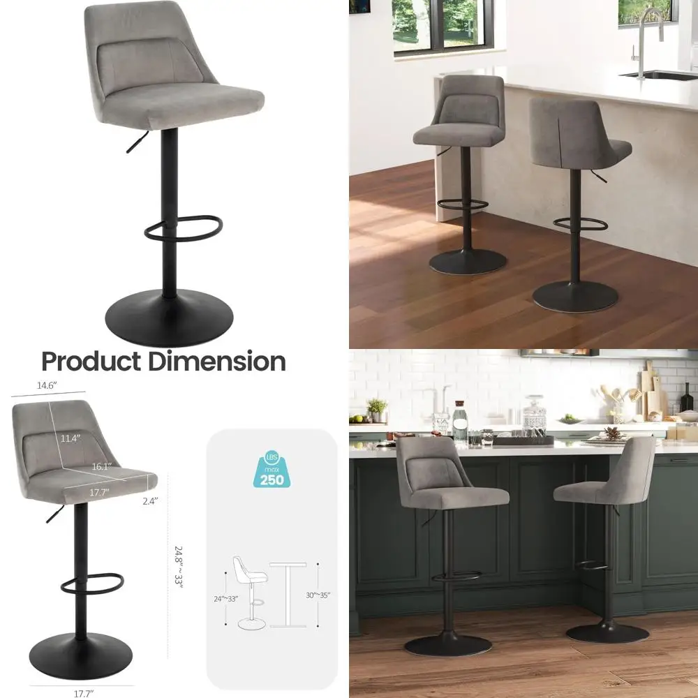 Contemporary Velvet-Covered Swivel Bar Stools: Adjustable High-Back Counter Height Chairs for Kitchen Islands