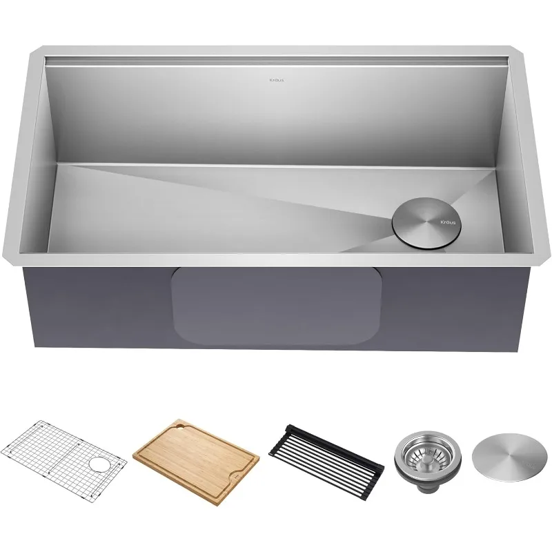 KRAUS Kore 32-Inch Undermount Workstation 16 Gauge Single Bowl Stainless Steel Kitchen Sink with Accessories, KWU110-32