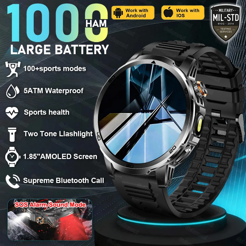 

New Outdoor 1000mAh Large Battery Smart Watches Man Military 5ATM Waterproof Heart Rate Bluetooth Call Sports Smartwatch 2026