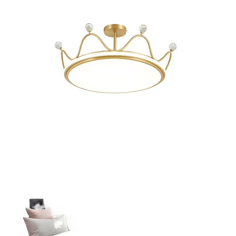 All-copper room bedroom ceiling lamp, simple and modern, warm and romantic girl chandelier, boy and girl crown lamp